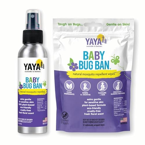 YAYA ORGANICS Baby Bug Ban Spray + Wipe Bundle - All-Natural Repellent Made with Essential Oils for Babies, Little Kids and Sensitive Skin (4 Ounce Spray + 12-Pack Wipe)