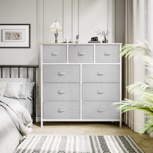 YITAHOME Dresser with 9 Drawers - Fabric Storage Tower, Organizer Unit for Room, Living Room, Hallway, Closets - Sturdy Steel Frame, Wooden Top & Easy Pull Fabric Bins (Light Gray)