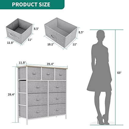 YITAHOME Dresser with 9 Drawers - Fabric Storage Tower, Organizer Unit for Room, Living Room, Hallway, Closets - Sturdy Steel Frame, Wooden Top & Easy Pull Fabric Bins (Light Gray)