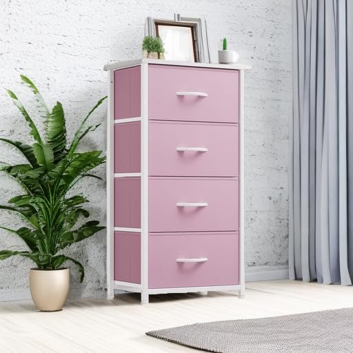 YITAHOME Storage Drawer with 4 Drawers - Fabric Dressers for Teen, Dresser for Bedroom, Living Room, Closets - Sturdy Steel Frame, Wooden Top & Easy Pull Fabric Bins, Pink