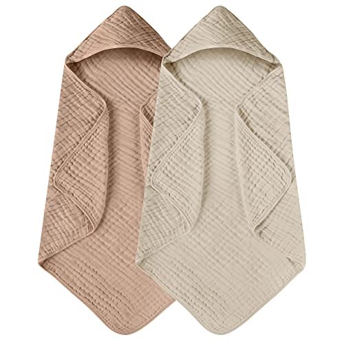 Yoofoss Hooded Baby Towels for Newborn 2 Pack 100% Muslin Organic Cotton Baby Bath Towel with Hood for Babies, Infant, Toddler and Kids, Large 32x32Inch, Soft and Absorbent Newborn Essential