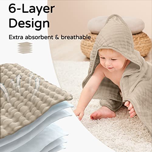 Yoofoss Hooded Baby Towels for Newborn 2 Pack 100% Muslin Organic Cotton Baby Bath Towel with Hood for Babies, Infant, Toddler and Kids, Large 32x32Inch, Soft and Absorbent Newborn Essential
