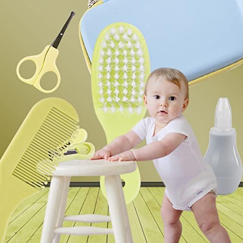 ZELINYE Baby Grooming Kit, 8 in 1 Baby Hair Brush/Nail Clipper/Nose Cleaner/Finger Toothbrush/Nail Scissors/Manicure Kit for Baby Care Keep Healthy and Clean(Yellow)